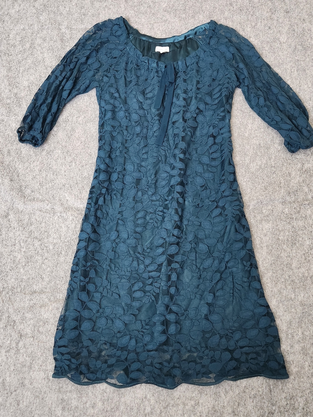 Garnet Hill Dress Boheme Lace Tie Neckline Midi Dress Women's 2 Teal Green Lined